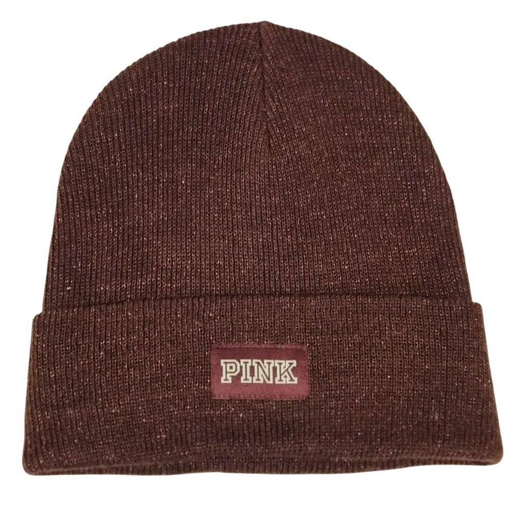 Victoria's Secret PINK Burgundy Maroon Metallic Shimmer Knit Cuffed Beanie Hat